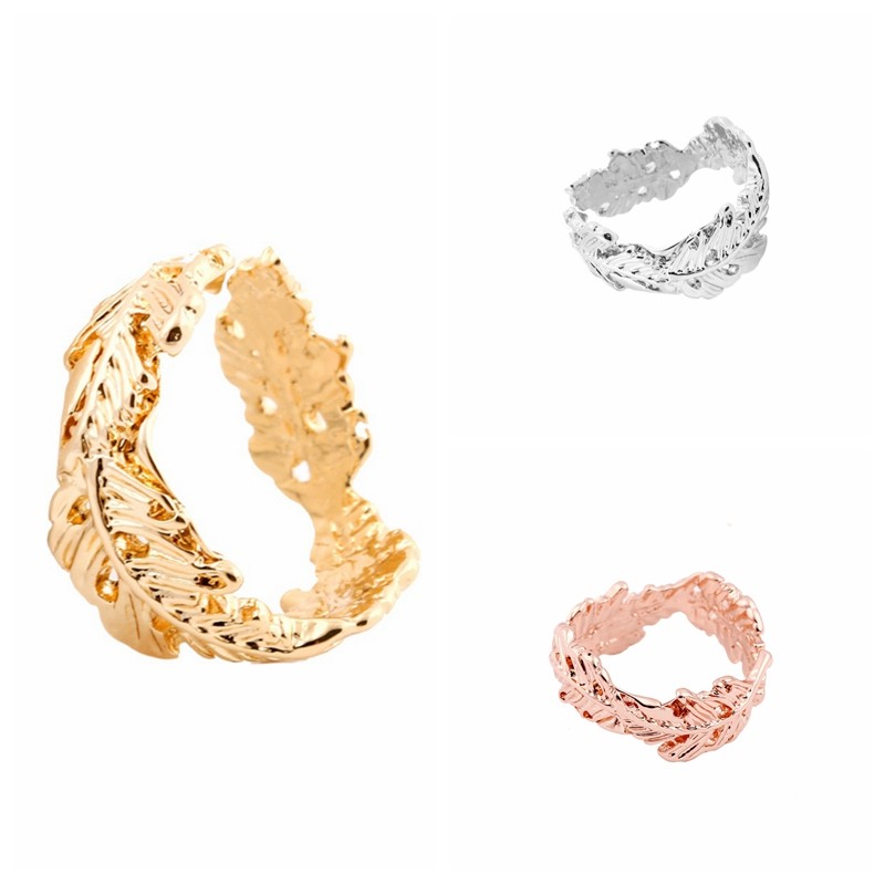 Min 1pc Feathers Ring Gold/Rose Gold Leaf Ring Adjustable Knuckle Stretch Cool Couple Rings JZ070